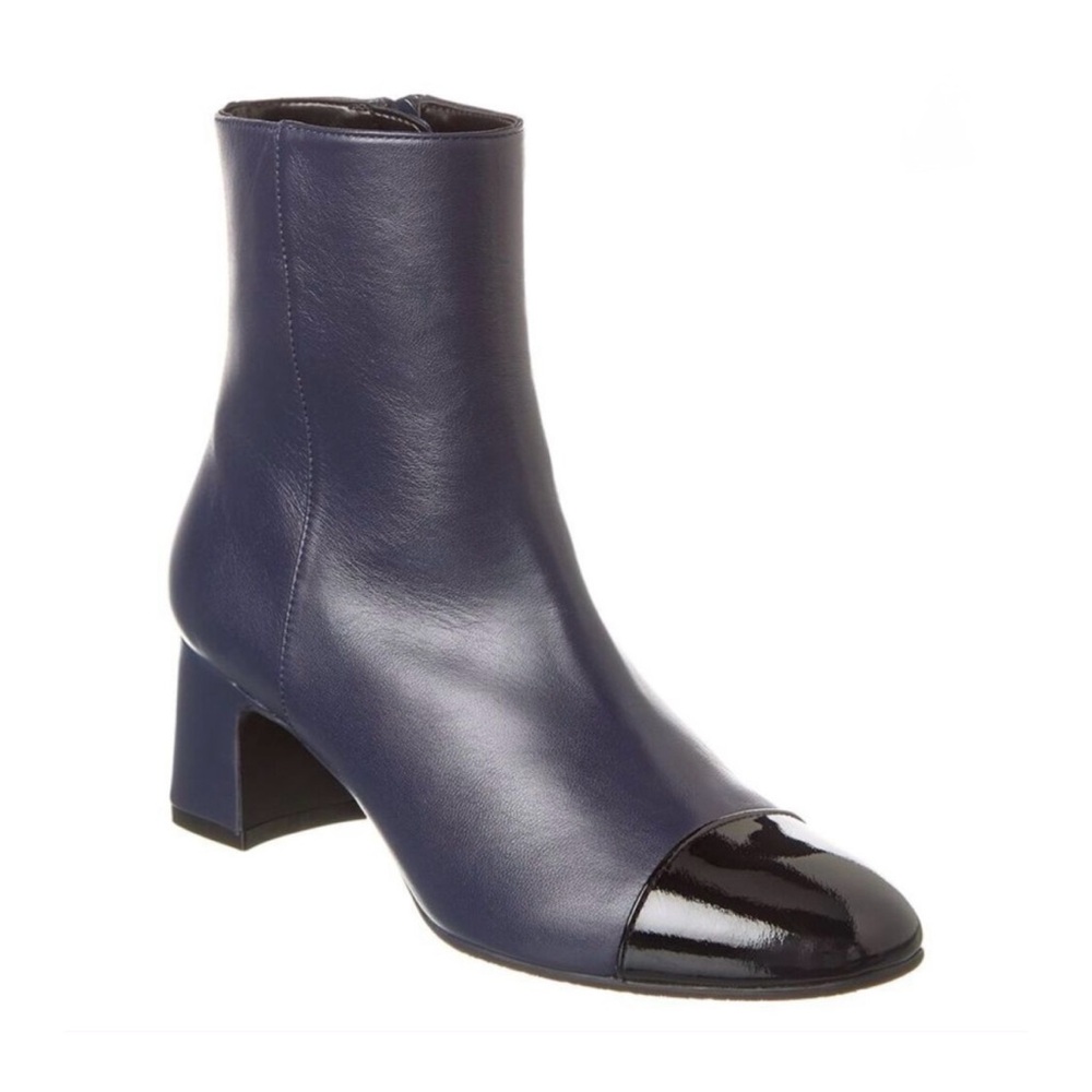 Stuart Weitzman Navy Leather Ankle Boots with Black Patent Cap Toe